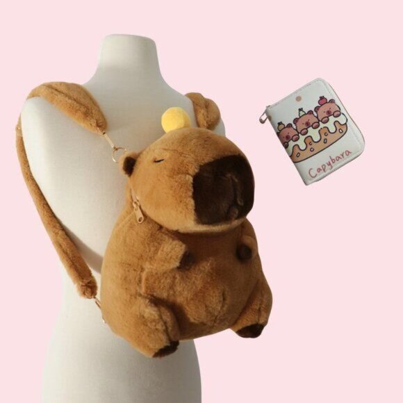 Capybara Plush Backpack & Matching Wallet Set Gift Cute Fluffy - Picture 1 of 8